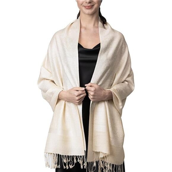 Two Tone Paisley Pashmina Scarf, Beige - Picture 1 of 6